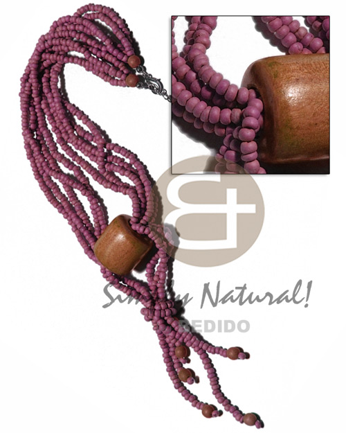 tassled 5 layers 2-3mm coco Pokalet   23mmx23mm cylinder nat. wood accent / old rose coco Pokalet and bayong wood combination / 16in plus 3.5in tassles - Wood Necklace