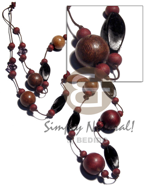 25mm & 10 mm round nat. wood in brown  20mm robles wood and twisted camagong tiger wood beads in wax cord/40in - Wood Necklace