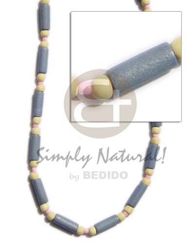pastel blue wood tube  yellow wood beads and pink glass beads - Wood Necklace