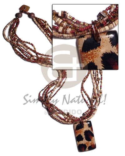 7 layers 2-3mm coco heishe/melo shell heishe/glass beads and shell nuggets combination  55mmx35mm rectangular laminated wood  handpainted animal print / 22in - Wood Necklace