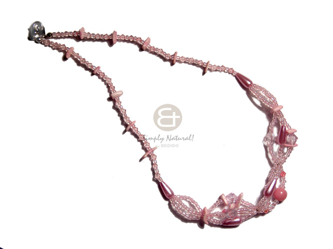 2 layers pink wax cord   asstd wood beads in textured brush paint pink/metallic gold combination and matching 60mmx55mm heart pendant / 34in - Wood Necklace