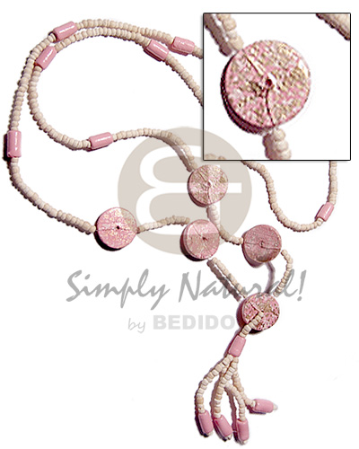 2-3mm coco Pokalet bleached   tassled 20mm flat round wood beads in textured brush paint pink/metallic gold combination  / 32in plus 3in tassles - Wood Necklace