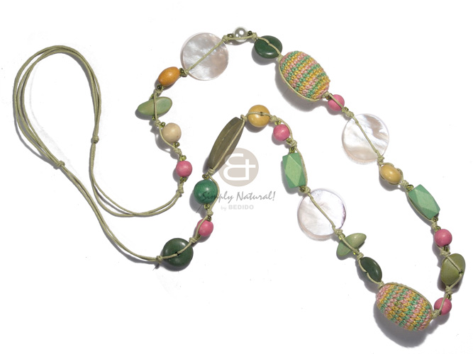 2 rows wax cord  asstd wood beads, 35mmx25mm oval crocheted wood beads and 3 pcs. 30mm hammershell accent / lime grren,yellow,pink,olive green tones / 40in - Wood Necklace