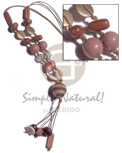 asstd wood beads in 2 rows wax cord  20mm wrapped wood bead and 2.5 in. tassles - Wood Necklace