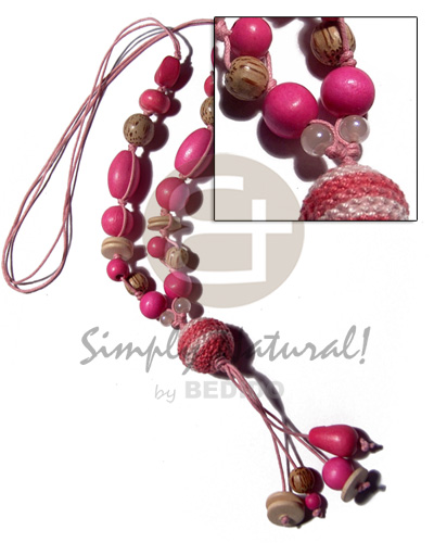 2 layers knotted wax cord  asstd.  wood beads and 20mm tassled wrapped wood beads / pastel and bright pink tones / 28mm plus 3in. tassles - Wood Necklace