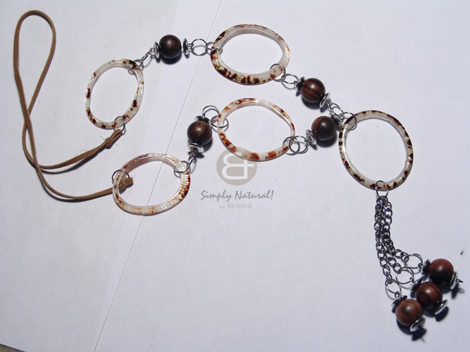 2 rows wax cord  asstd. wood beads , 20mm wood rings, acrylic crystals, in metal links / brown, bronze and maroon tones / 30in - Wood Necklace