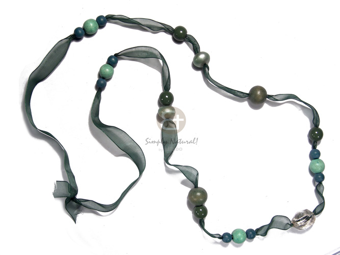 8mm/12mm/15mm round wood beads  crystal in organza ribbon / olive green tones / 36in - Wood Necklace