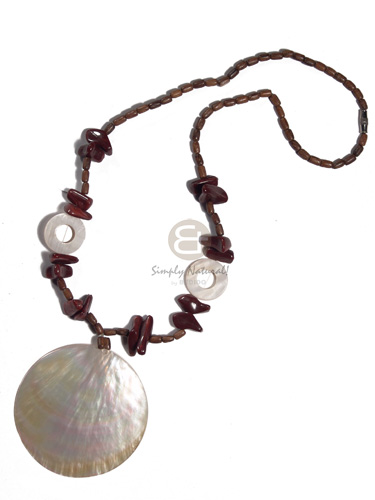 65mm round MOP  wood ricebeads, shell rings, acrylic nuggets combination neckline / 20in - Wood Necklace