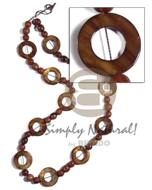 30mm round laminated golden amber kabibe shell rings ( 11 pcs. ) in high gloss  wood beads accent / 32in - Wood Necklace