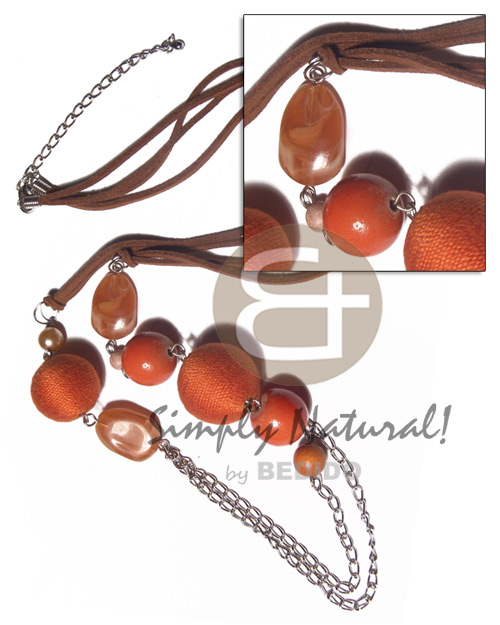 2 rows brown leather thong  2pcs. wrapped and round wood beads, resin in dark orange tones  dangling metal double chain accent / 30in/ ext. chain - Wood Necklace