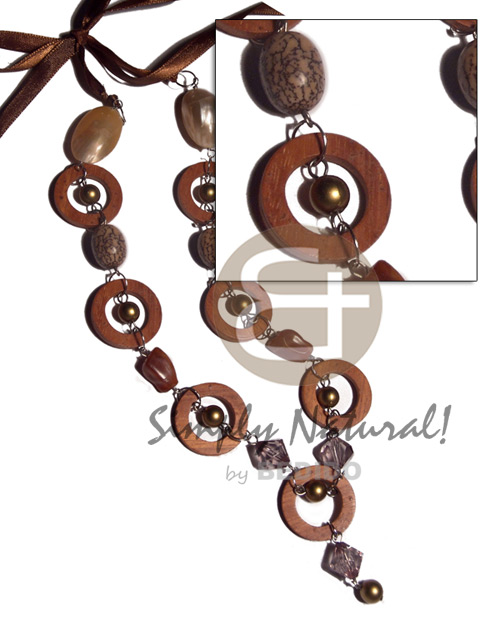 7pcs round 40mm wood rings  wood beads, resin nuggets, buri tiger seed, gold mouth shell combination / 36 in adjustable ribbon - Wood Necklace