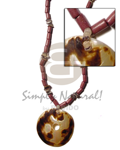 dyed wood tube/ hammershell natural alt.  donut black lip pendant 50mm - Wood Necklace