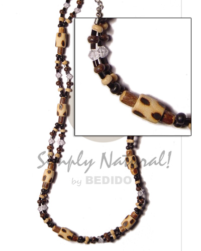 2 rows 2-3 blk/brown/bleach coco pokalet  acrylic crystals and wood tube  burning - Wood Necklace