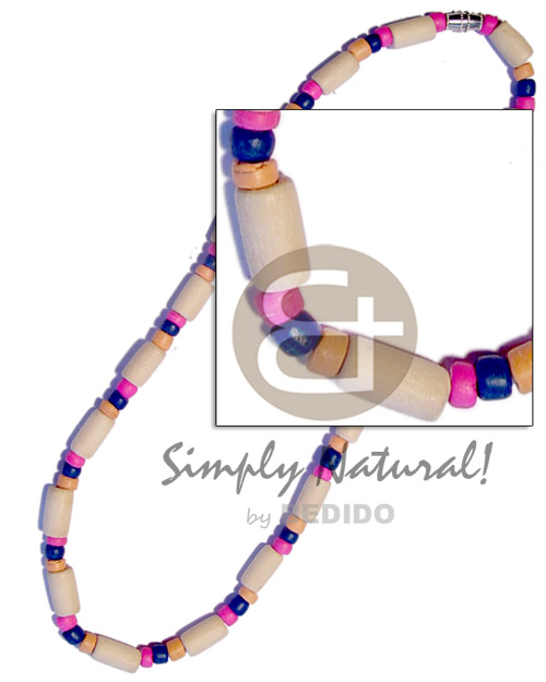 bleach wood tube  4-5 coco Pokalet accent blue/pink/yellow - Wood Necklace