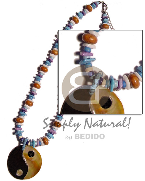 white rose,wood beads,4-5mm coco Pokalet combination  yin yang 40mm MOP  skin - Wood Necklace