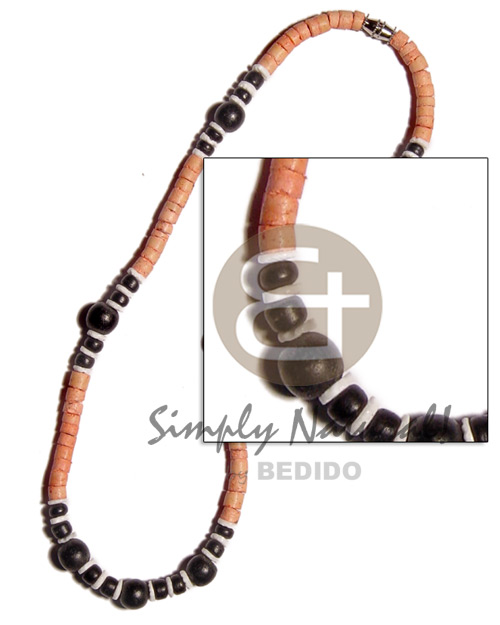 4-5mm  coco heishe melon  black 4-5mm coco Pokalet, wood beads & white clam heishe combination - Wood Necklace