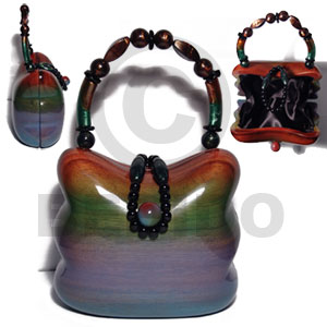 collectible handcarved laminated acacia wood handbag / barrie rainbow 6inx5.5inx3.5in / handle ht: 4 in. /  black satin inner lining - Wooden Acacia Bags