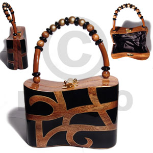 collectible handcarved laminated acacia wood handbag / beta natural/black/gold combination 7.5inx3.5inx5in / handle ht:4 in. /  black satin inner lining - Wooden Acacia Bags