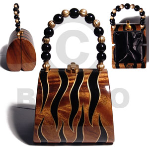 collectible handcarved laminated acacia  wood handbag / elle zebra natural black gold combination /  5 1/4inx4.5inx4in / handle ht:4 in. /  black satin inner lining - Wooden Acacia Bags