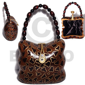 collectible handcarved laminated acacia wood handbag / barrie tortoise  natural/black/gold combination 6.5inx5.5inx3in / handle ht: 4 in. /  black satin inner lining - Wooden Acacia Bags