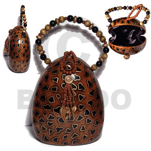 collectible handcarved laminated acacia wood handbag / bt tortoise natural/black/gold combination 8inx7inx4in / handle ht: 5 in. /  black satin inner lining - Wooden Acacia Bags