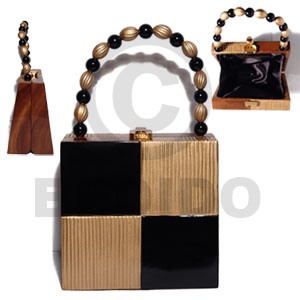 collectible handcarved laminated acacia  wood handbag / modern gold/black  combination 6inx6.5inx4in / handle ht: 4.5 in. /  black satin inner lining - Wooden Acacia Bags