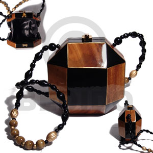 collectible handcarved laminated acacia wood slingbag  / octagon /natural/black /gold combination 6inx6inx4in / handle lenght: 36in. /  black satin inner lining - Wooden Acacia Bags