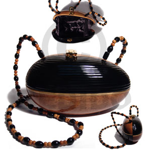 collectible handcarved laminated acacia  wood slingbag  / egg natural /black combination  7.7inx4 1/4inx 3  3/4in / handle length: 43 in. /  black satin inner lining - Wooden Acacia Bags