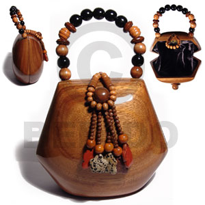 collectible handcarved laminated acacia  wood handbag  / jelou natural 6inx7inx4in / handle ht: 3.5in. /  black satin inner lining - Wooden Acacia Bags