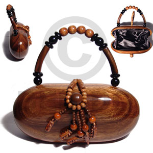 collectible handcarved laminated acacia  wood handbag /  capsule natural 9inx4.5inx3in / handle ht: 4 in. /  black satin inner lining - Wooden Acacia Bags