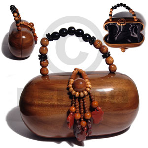 collectible handcarved laminated acacia  wood handbag /  capsule natural 9inx5.4inx4 1/4in / handle ht: 3 in. /  black satin inner lining - Wooden Acacia Bags