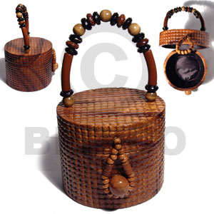 collectible handcarved laminated acacia  wood handbag / carved rafael natural 5.5inx5.5inx4.5in / handle ht: 4 1/4in. /  black satin inner lining - Wooden Acacia Bags