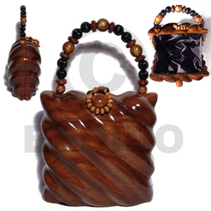 collectible handcarved laminated acacia  wood handbag / pillow naturali /  6.5nx6.5inx3.5in / handle ht:4 in. /  black satin inner lining - Wooden Acacia Bags
