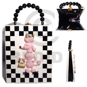 collectible handcarved laminated acacia wood handbag / checkered polyurethane black/white combination  embossed handcarved pink poodle  rhinestonescombination  10inx8.2inx 3in / handle ht: 4 in. /  black satin inner lining - Wooden Acacia Bags