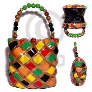 collectible handcarved laminated acacia  wood handbag / pillow natural  multicolor combination/  6.5nx6.5inx3.5in / handle ht:4 in. /  black satin inner lining - Wooden Acacia Bags