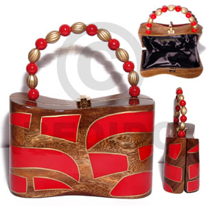 collectible handcarved laminated acacia  wood handbag / beta natural/red/gold combination  7.5inx3.5inx5in / handle ht:: 4 in. /  black satin inner lining - Wooden Acacia Bags