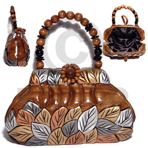 collectible handcarved laminated acacia  wood handbag / kelly natural carved leaces glod/brnze/silver combination/  9inx5 1/4inx3 3/4in / handle ht:4 in. /  black satin inner lining - Wooden Acacia Bags