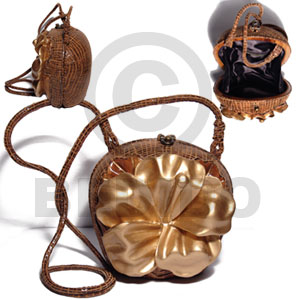 collectible handcarved laminated acacia  wood slingbag / pig skin wrap  gold lotus carved flower combination /  5 3/4inx6inx4 1/4in / handle length:42 in. /  black satin inner lining - Wooden Acacia Bags