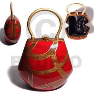 collectible handcarved laminated acacia  wood handbag  / jelou natural  red/gold combination  6.5inx6 1/4inx4 1/4in / handle ht: 3in. /  black satin inner lining - Wooden Acacia Bags