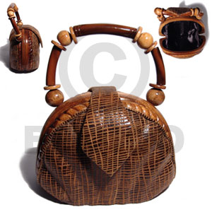 collectible handcarved laminated acacia  wood handbagbag / fan  pig skin wrap/  7inx5inx4 / handle ht:3 in. /  black satin inner lining - Wooden Acacia Bags