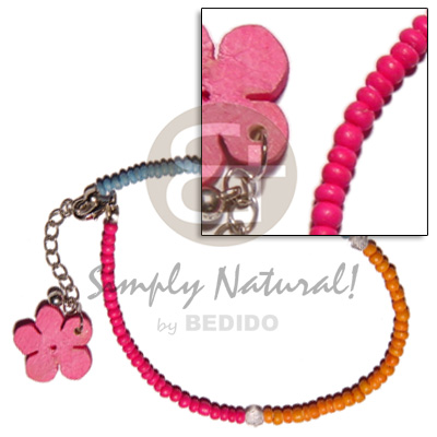 fuschia/orange/blue 2-3mm coco Pokalet.  dangling pink coco flower - Wooden Anklets