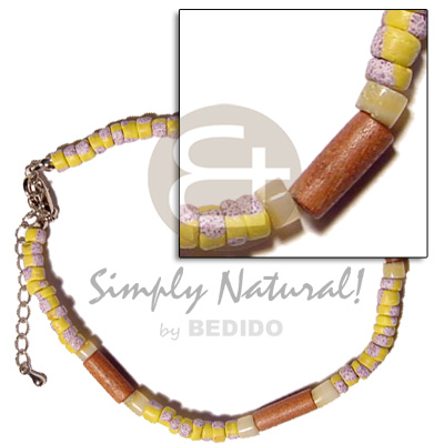 4-5mm yellow coco splashing  gold lip heishe & bayong wood tube alt. - Wooden Anklets