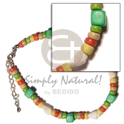 yellored/nat. white/green 4-5mm coco Pokalet. alternate  white nassa and green wood cube - Wooden Anklets