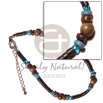 2-3mm black coco heishe  blue/nat. brown/wood beads/glass beads combination - Wooden Anklets