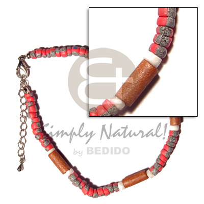 red 4-5mm coco Pokalet. splashing  bayong wood tube & white clam heishe - Wooden Anklets