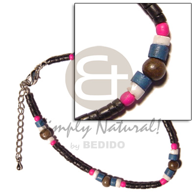2-3mm coco Pokalet. black  pink/bleach blue coco combination - Wooden Anklets