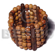 elastic 6 rows 8mm wood beads- bayong,nangka, rosewood on ht=55mm robles wood stick - Wooden Bangles