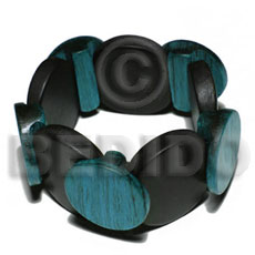 elastic overlapping round wood  bangle   clear coat finish/ 37mm  nat. wood in black & 30mm round palmwood blue green combination - Wooden Bangles