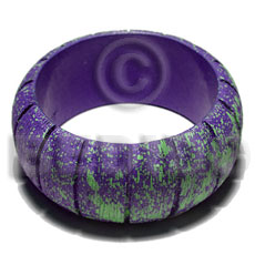 h=37mm thickness=10mm inner diameter=65mm nat. wood bangle  groove in marbled blue violet texture brush paint  neon green splashing - Wooden Bangles