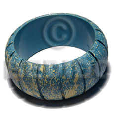 h=37mm thickness=10mm inner diameter=65mm nat. wood bangle  groove in marbled subdued blue texture brush paint  subdued yellow splashing - Wooden Bangles